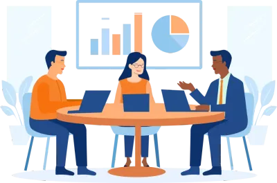 3人のビジネスパーソンがグラフを背景に円卓で会議をしているイラスト。専門的な広告運用サポートを象徴。