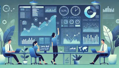 リアルタイムレポートのダッシュボード画面を見ながらデータ分析をするビジネスパーソンたち